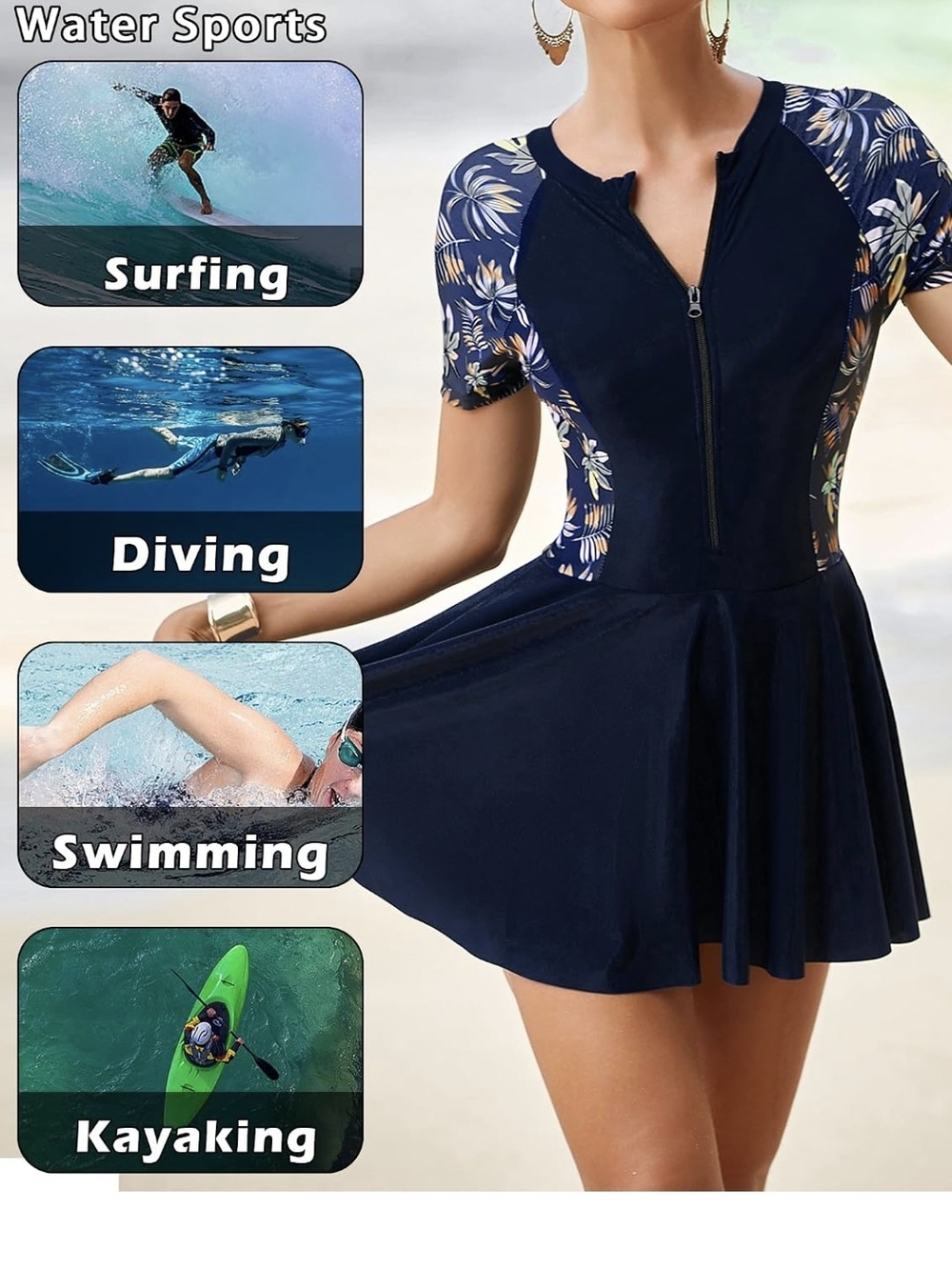 NEW Navy Floral Short Sleeve Zip Front Swim Dress